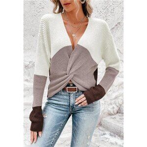 Khaki Colorblock Chunky Knit Pullover Sweater V Neck Twisted‎ Knot Sweater Top